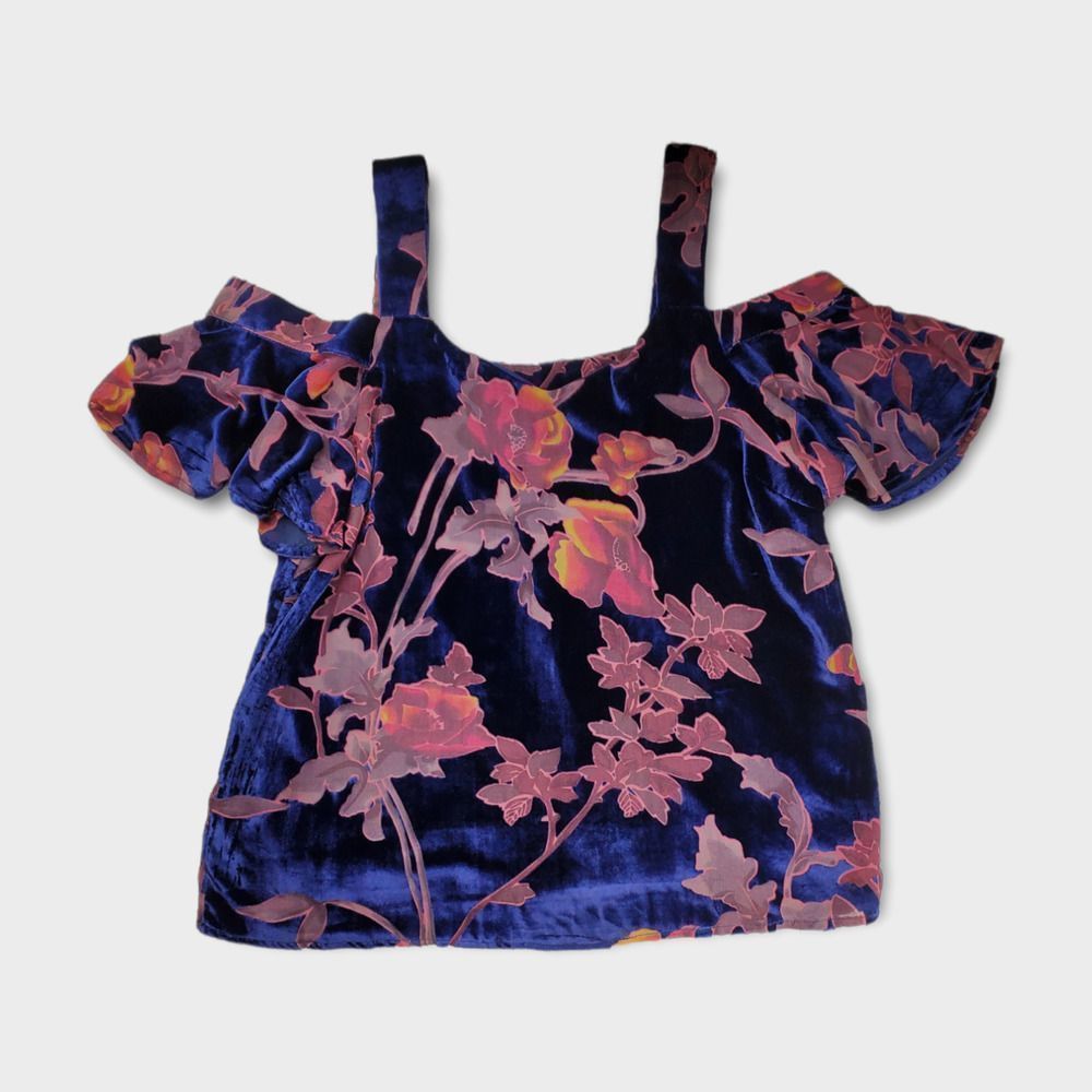 Beautiful Lucky Brand Blouse Medium Blue Pink Velvet Cold Shoulder